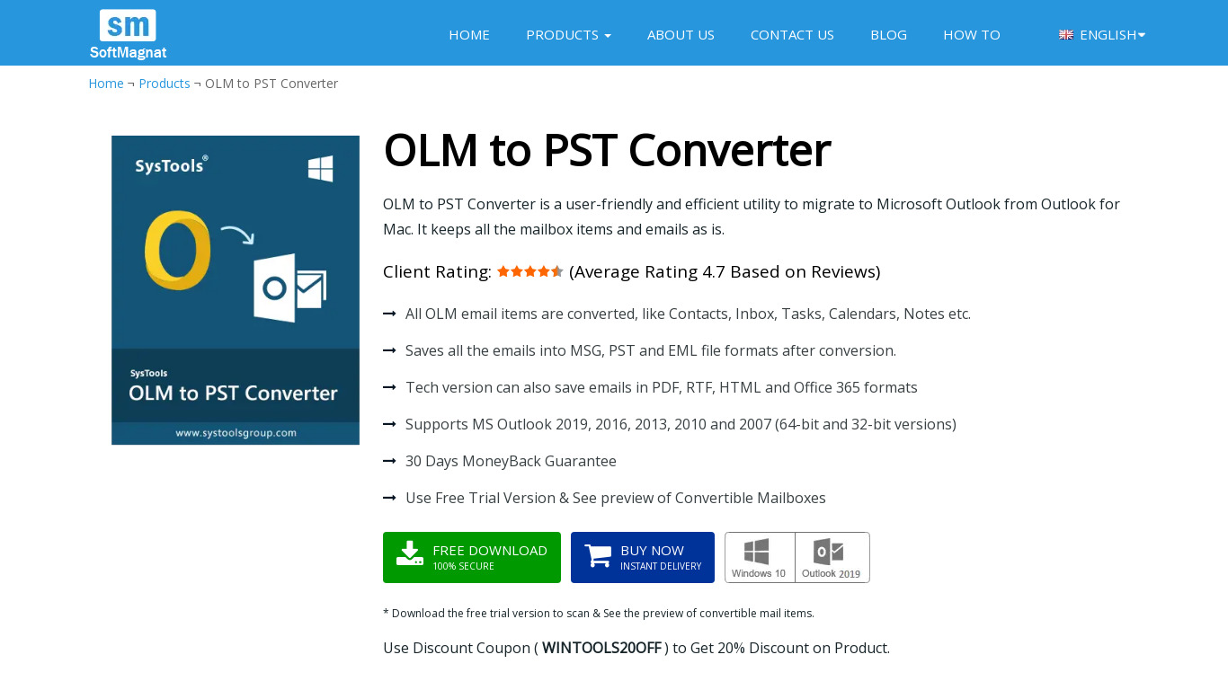 Softmagnat OLM to PST Converter Landing page