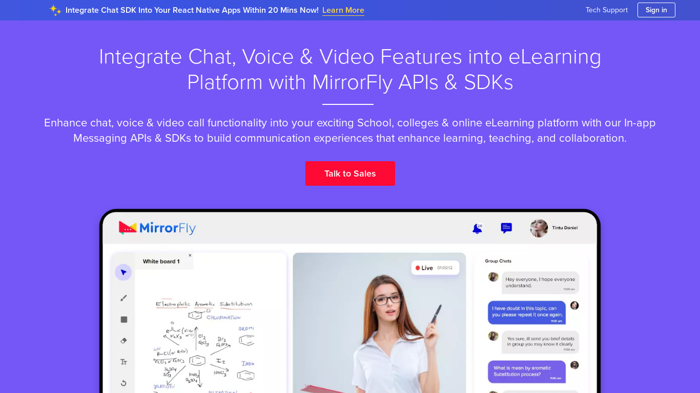 MirrorFly Elearning Solution Landing page