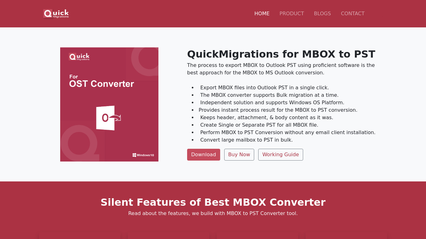 QuickMigrations for MBOX to PST Landing page