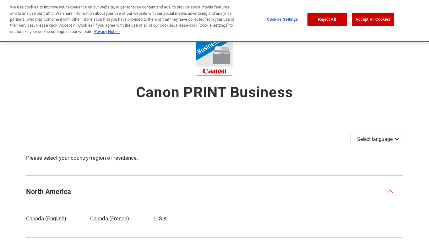 Canon PRINT Business Landing page