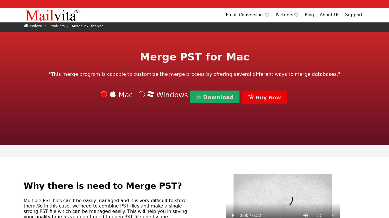 Mailvita Mac Merge PST Tool Landing page