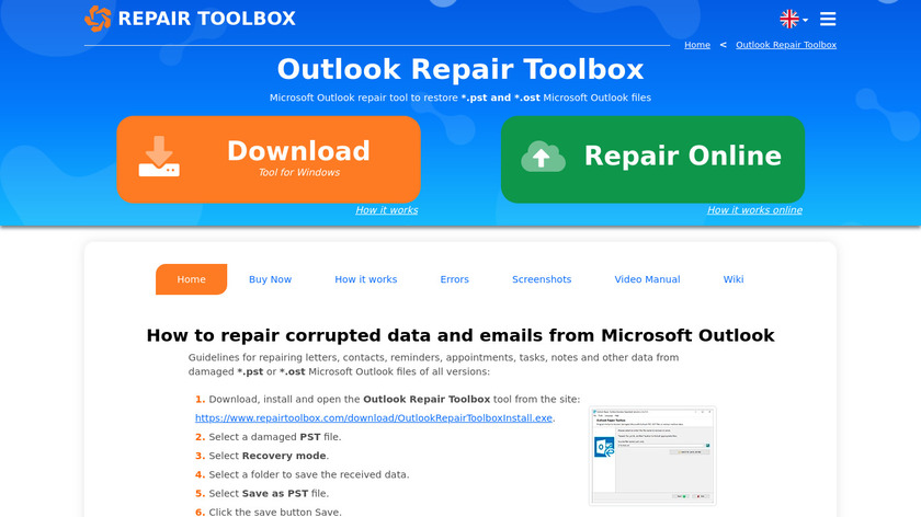 Outlook Repair Toolbox Landing Page