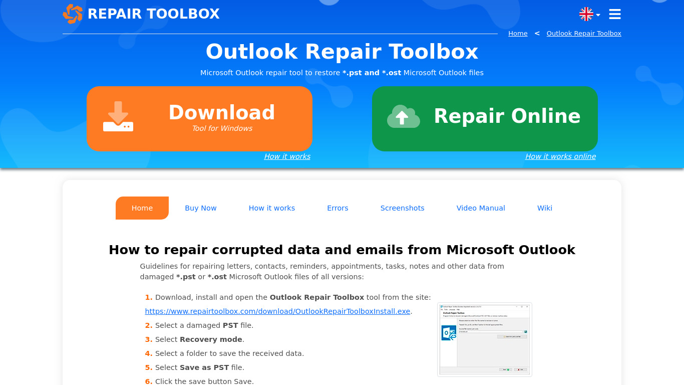 Outlook Repair Toolbox Landing page