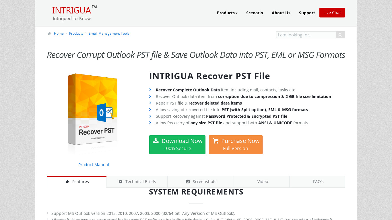 INTRIGUA Recover PST Landing page