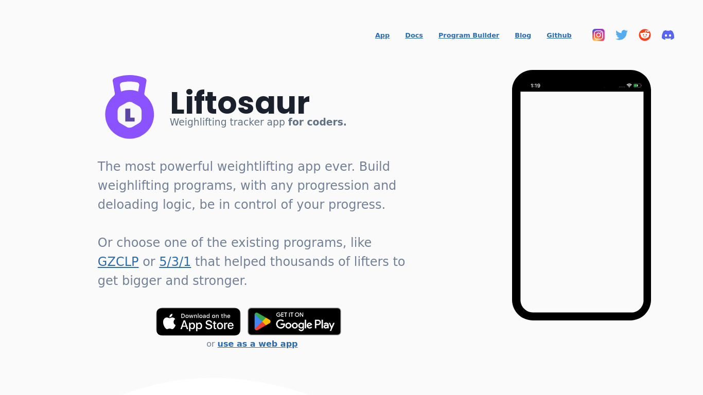 Liftosaur Landing page