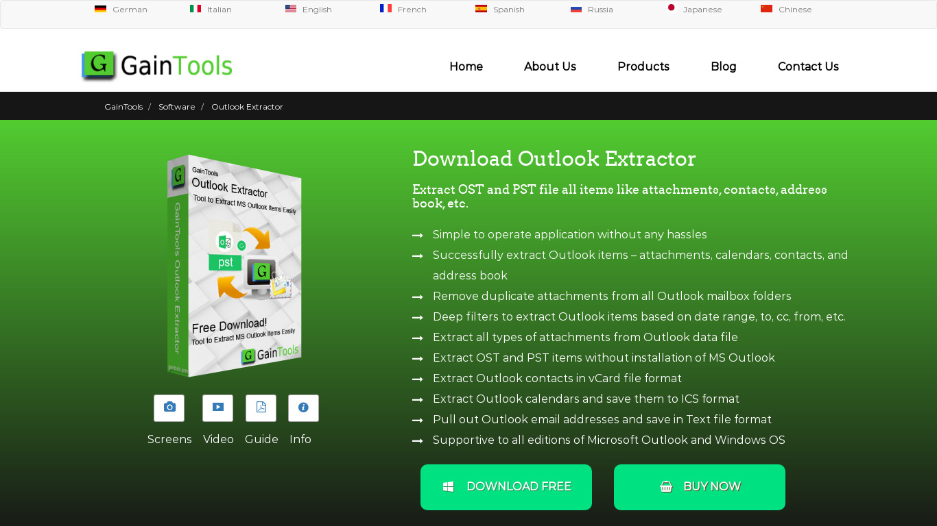 GainTools Outlook Extractor Landing page