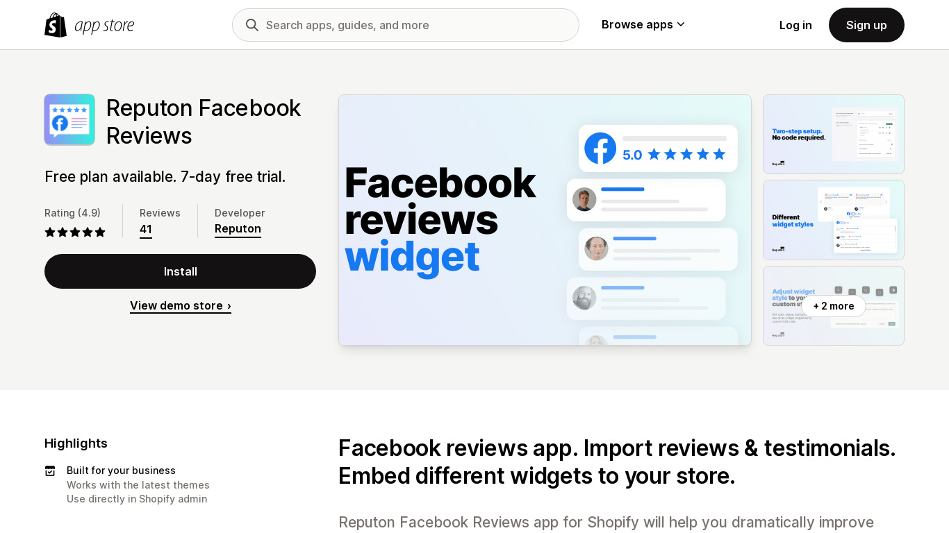 Reputon Facebook Reviews for Shopify Landing page