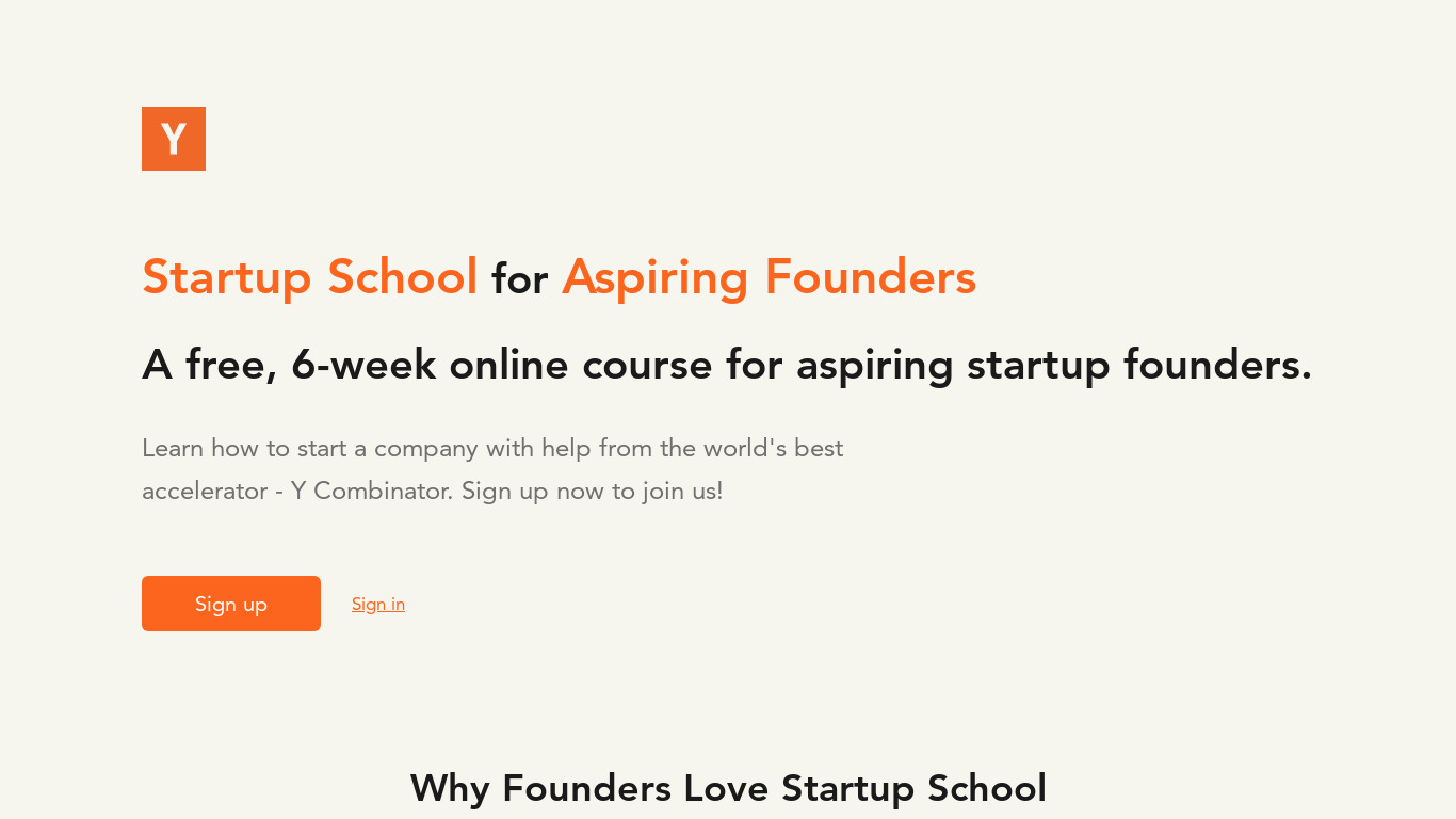 Startup School for Future Founders Landing page