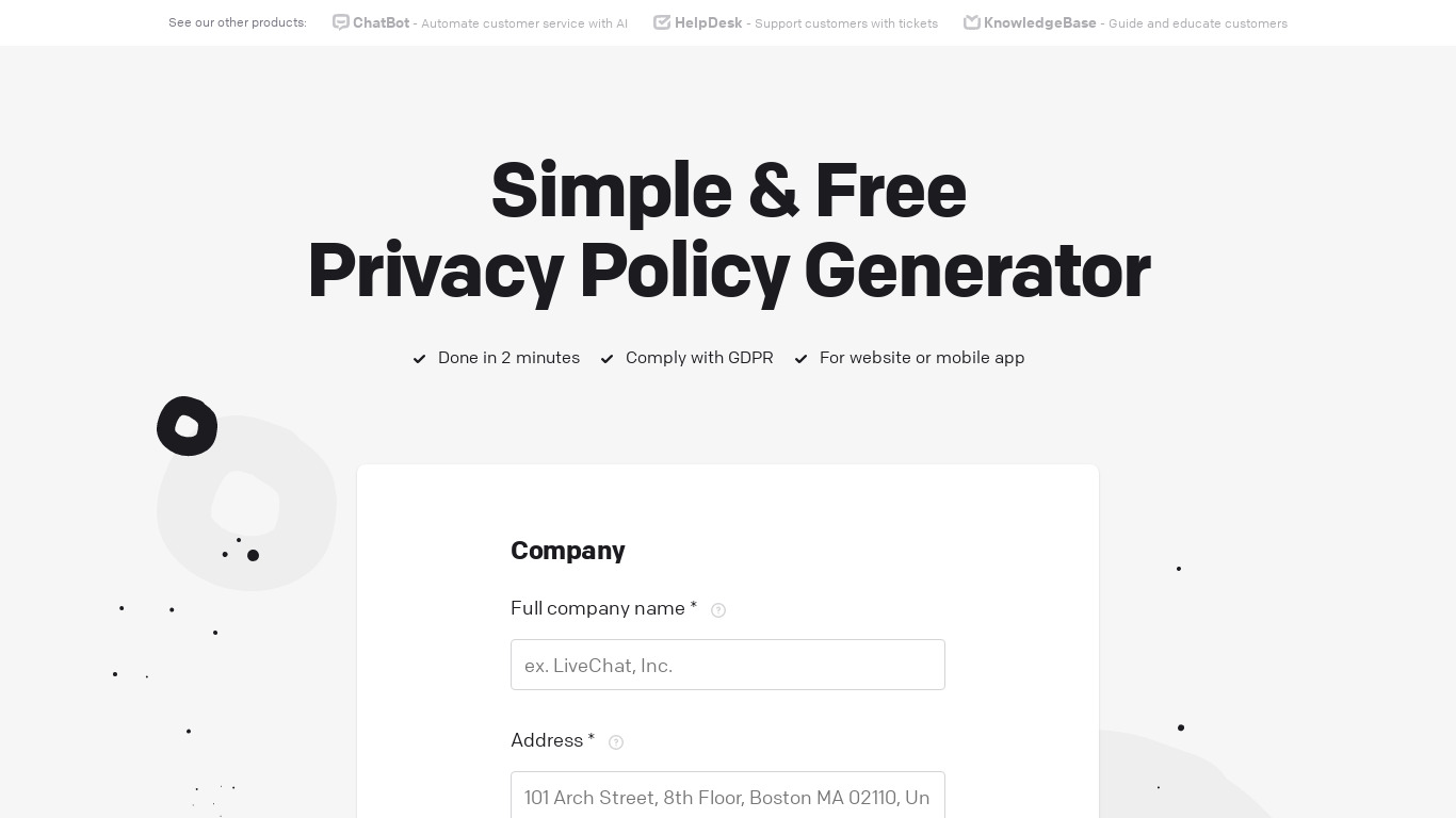 Privacy Policy Generator by LiveChat Landing page