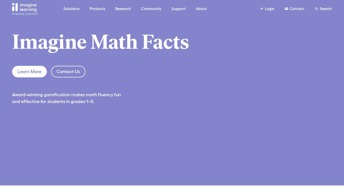 Imagine Math Facts Landing page
