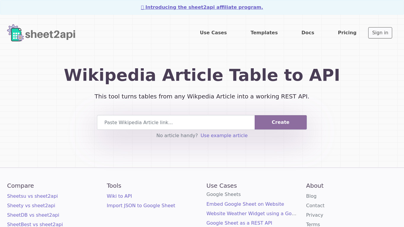 Wikipedia Article Table to API Landing page
