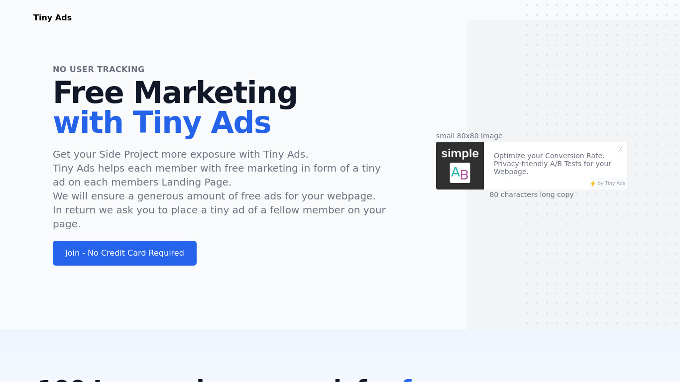 Tiny Ads Landing page