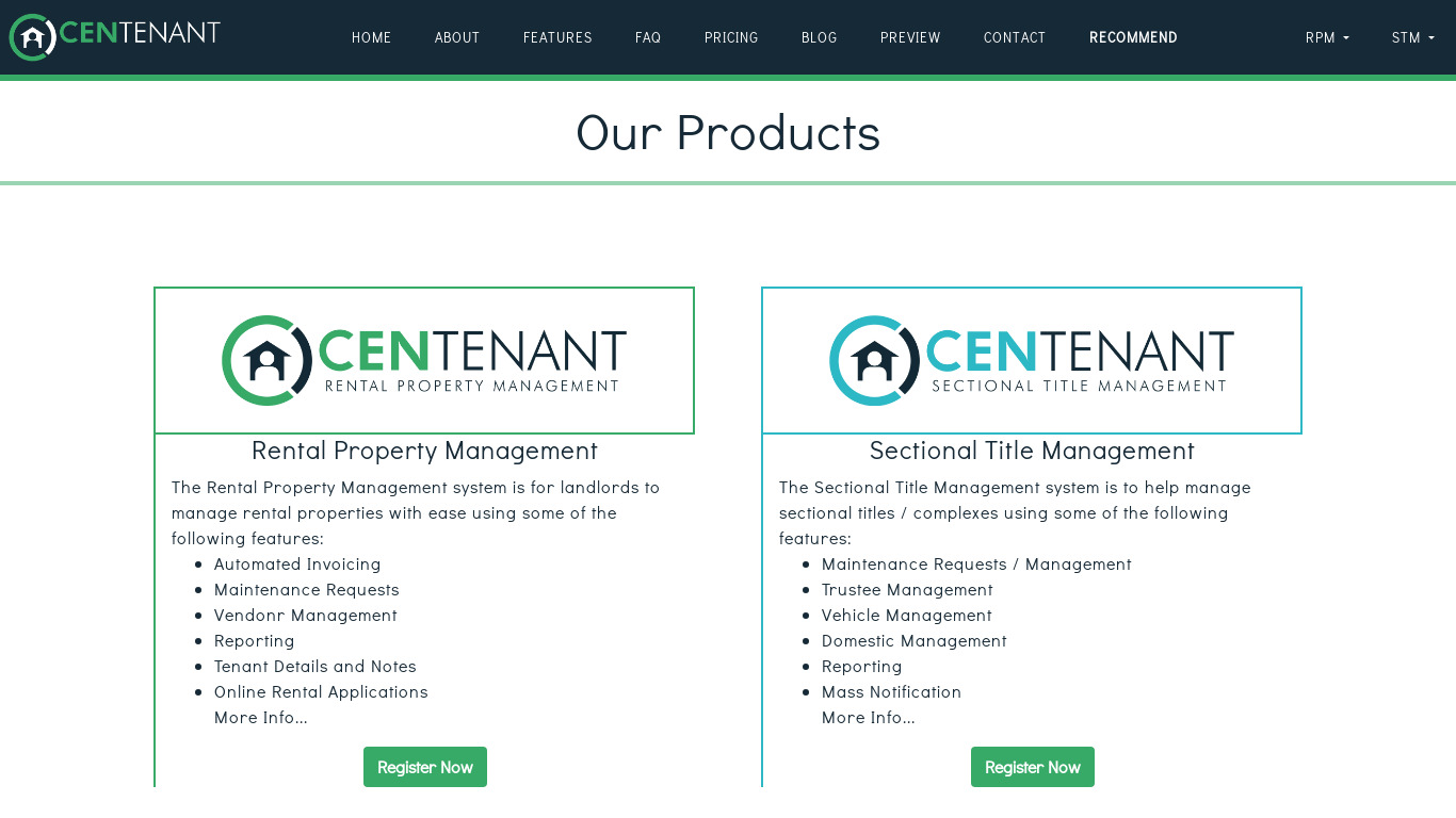 Centenant.com Landing page