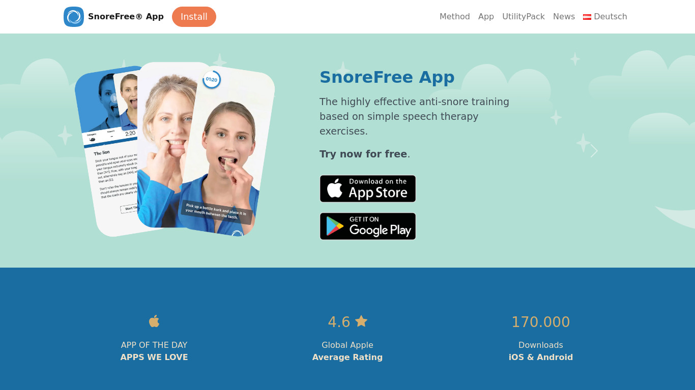 SnoreFree® health app Landing page