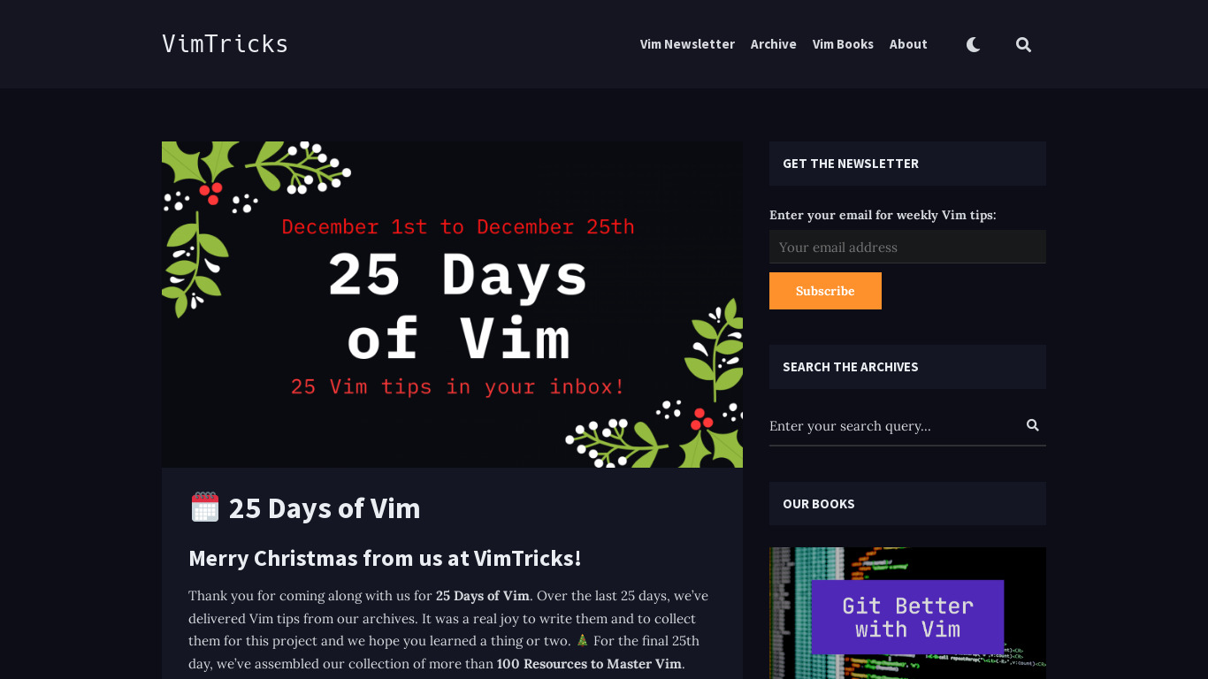 25 Days of Vim Landing page