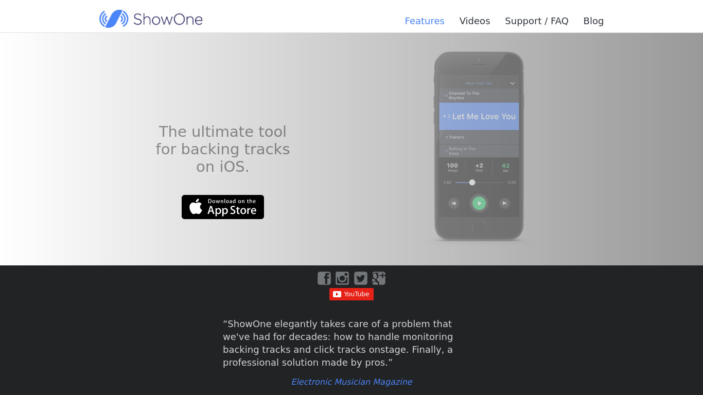 ShowOne – Pro Backing Tracks Landing page