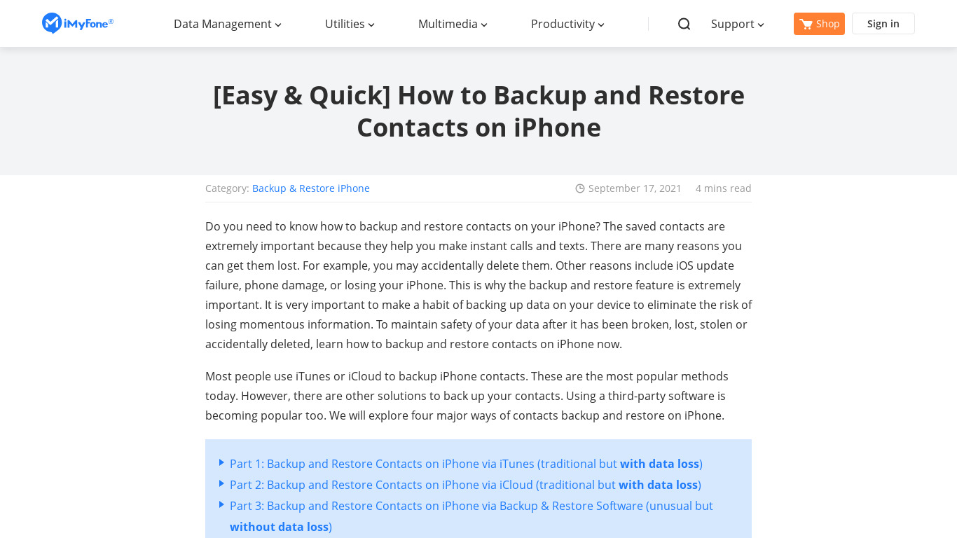 Easy Contacts Backup & Restore Landing page