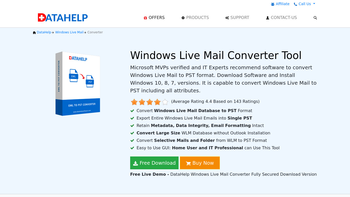Windows Live Mail Converter Tool Landing page