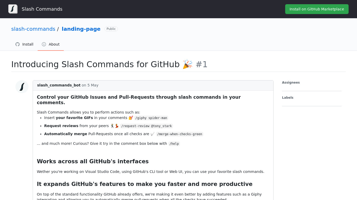 GitHub Slash Commands Landing page