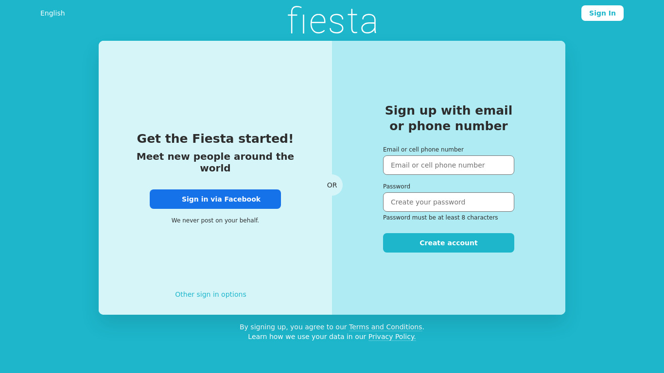 Fiesta by Tango Landing page