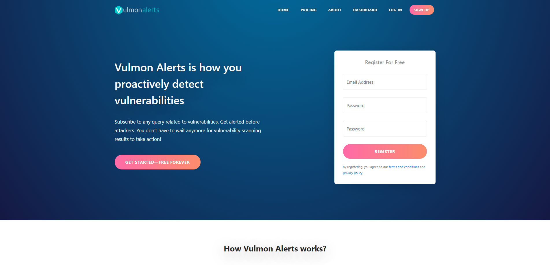 Vulmon Alerts Landing page