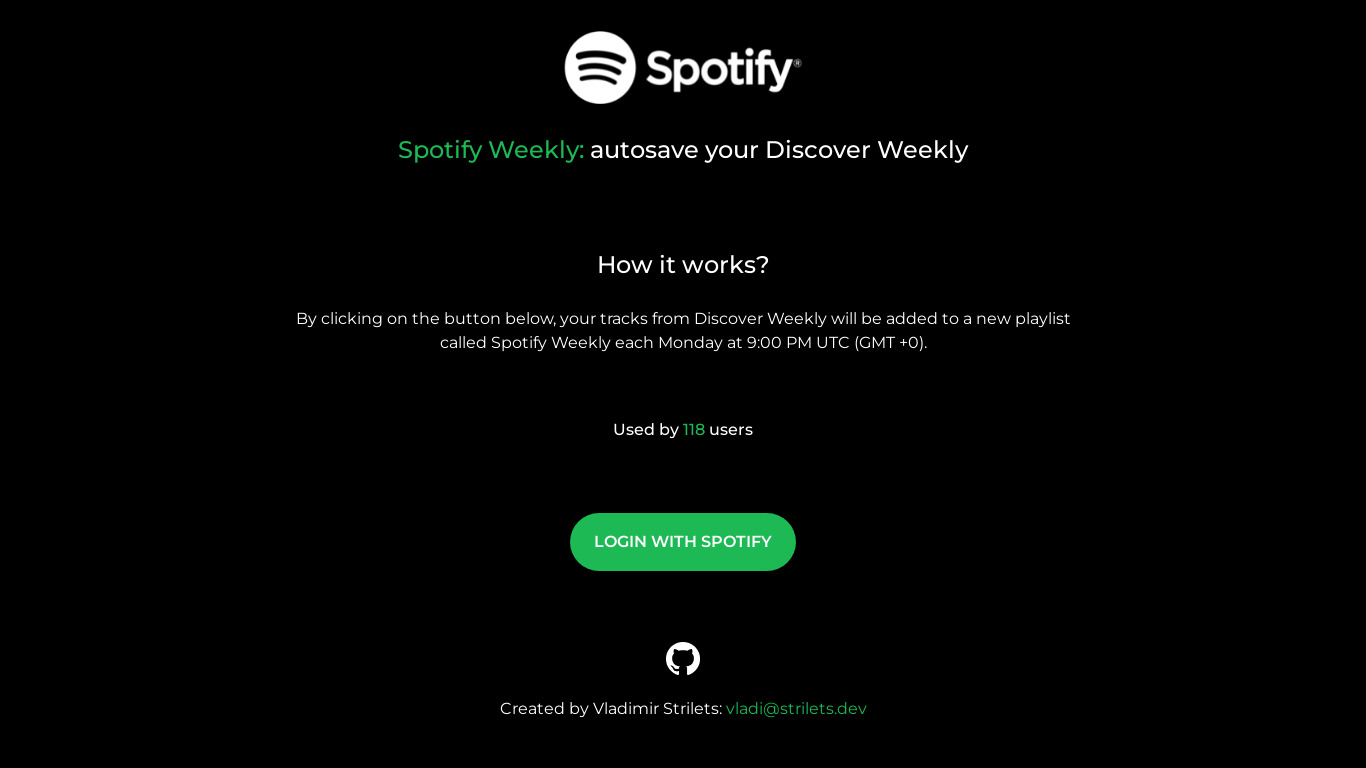 Discover Weekly Autosaver Landing page