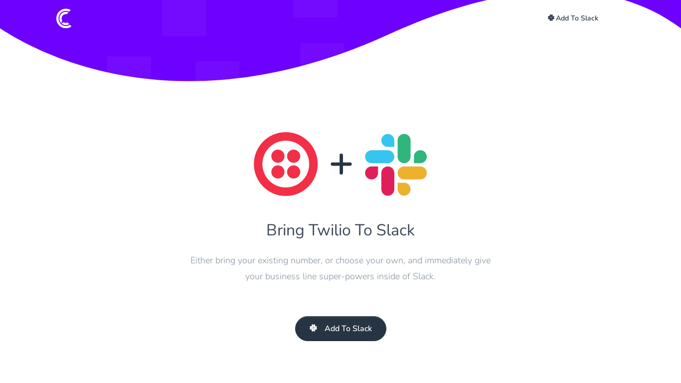 Twilio for Slack Landing page