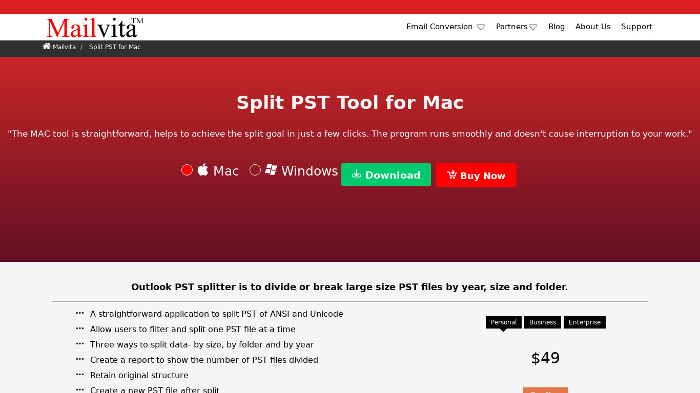 Mailvita Split PST for Mac Landing page