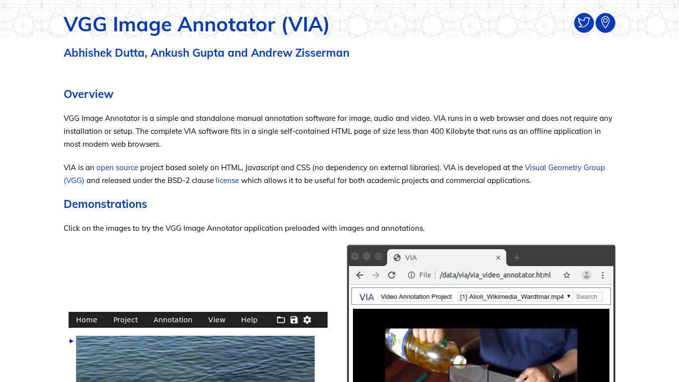 VGG Image Annotator (VIA) Landing page