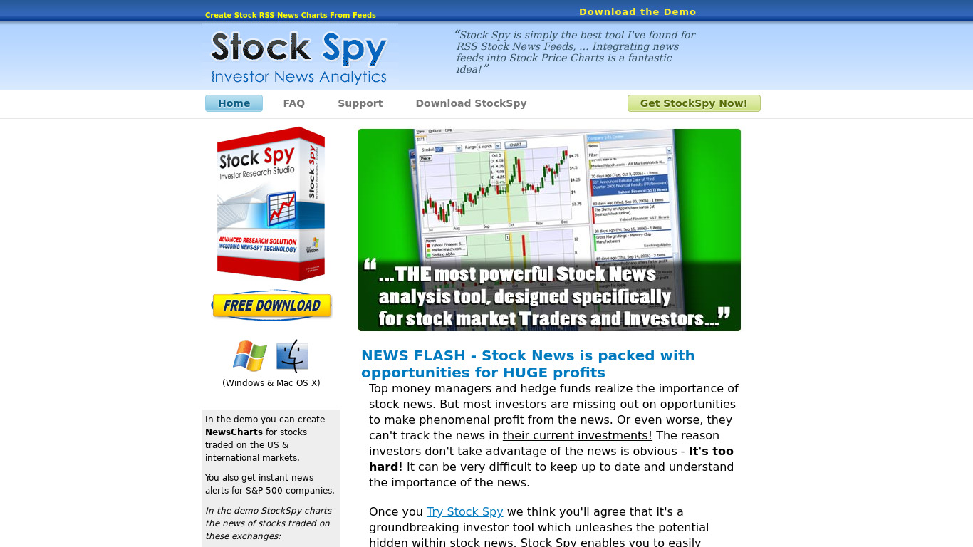 Stocks by StockSpy Landing page