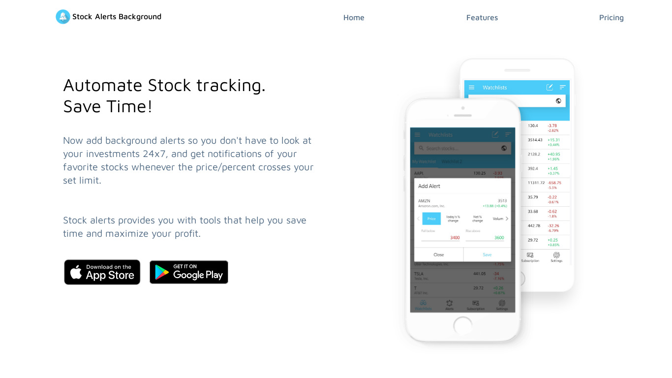 Stock Alerts Background Landing page