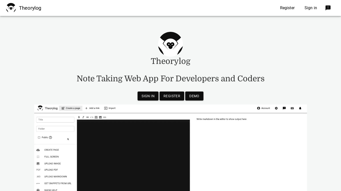 Theorylog Landing page