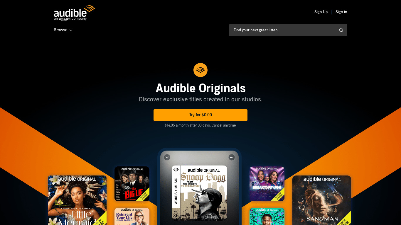 Audible Audiobooks & Originals Landing page