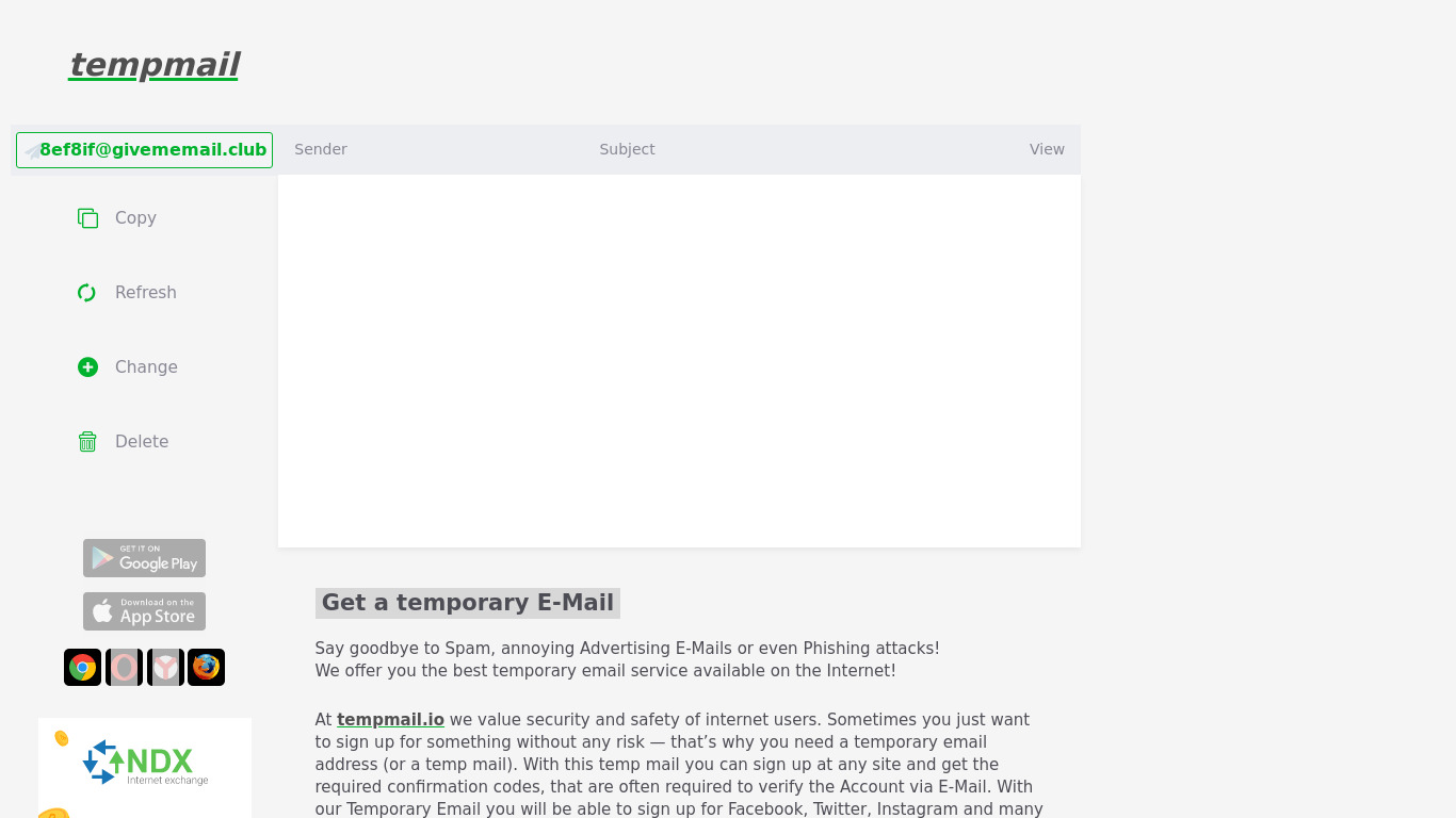 Tempmail.io Landing page