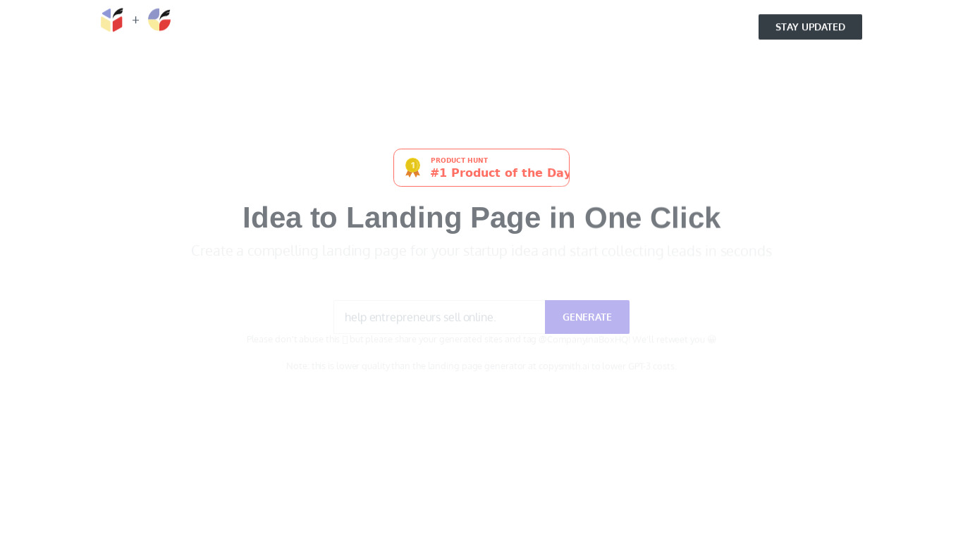 Company in a Box Landing page