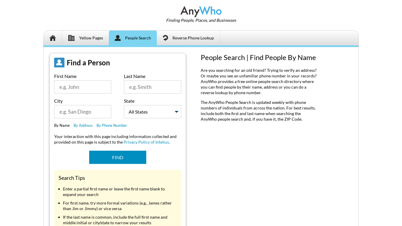 Anywho Landing page