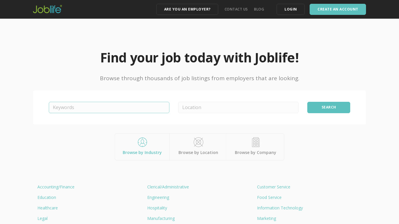 Joblife.co.za Landing page