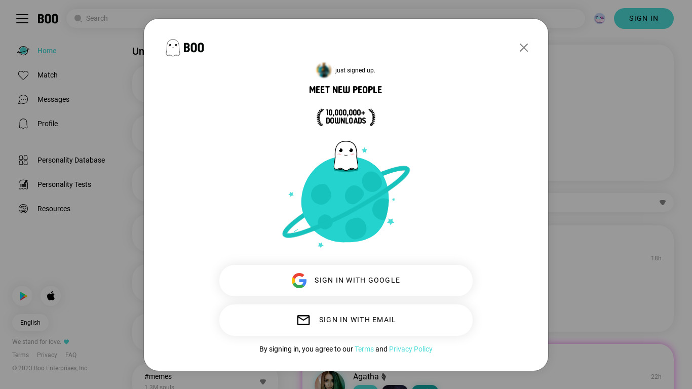 Boo Social/Dating App Landing page