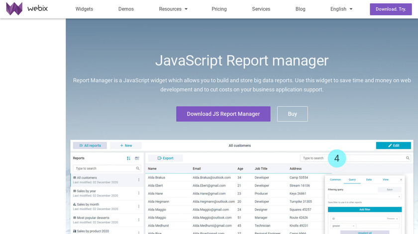 Webix Report Manager Landing Page