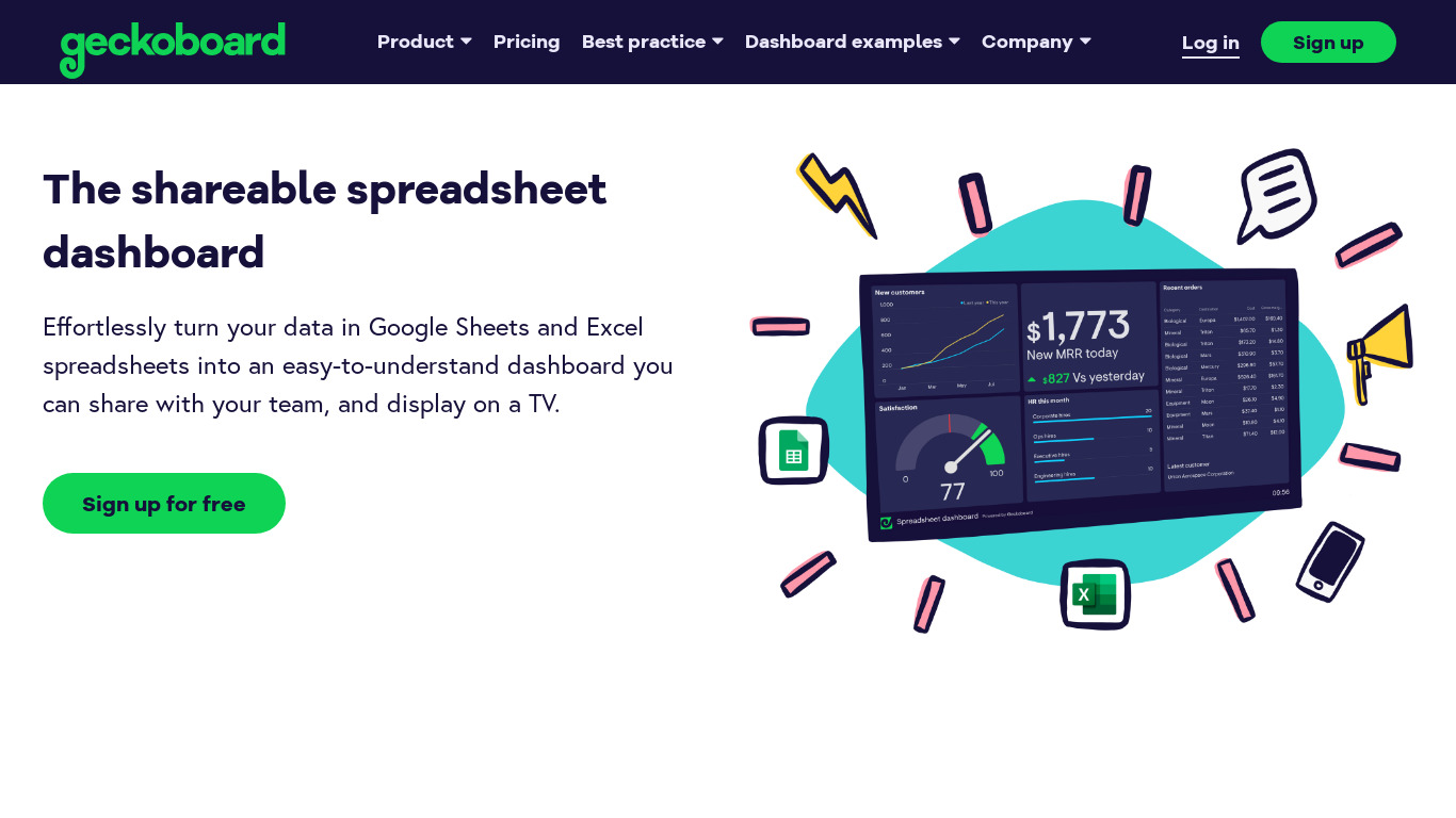 Spreadsheet Dashboards from Geckoboard Landing page