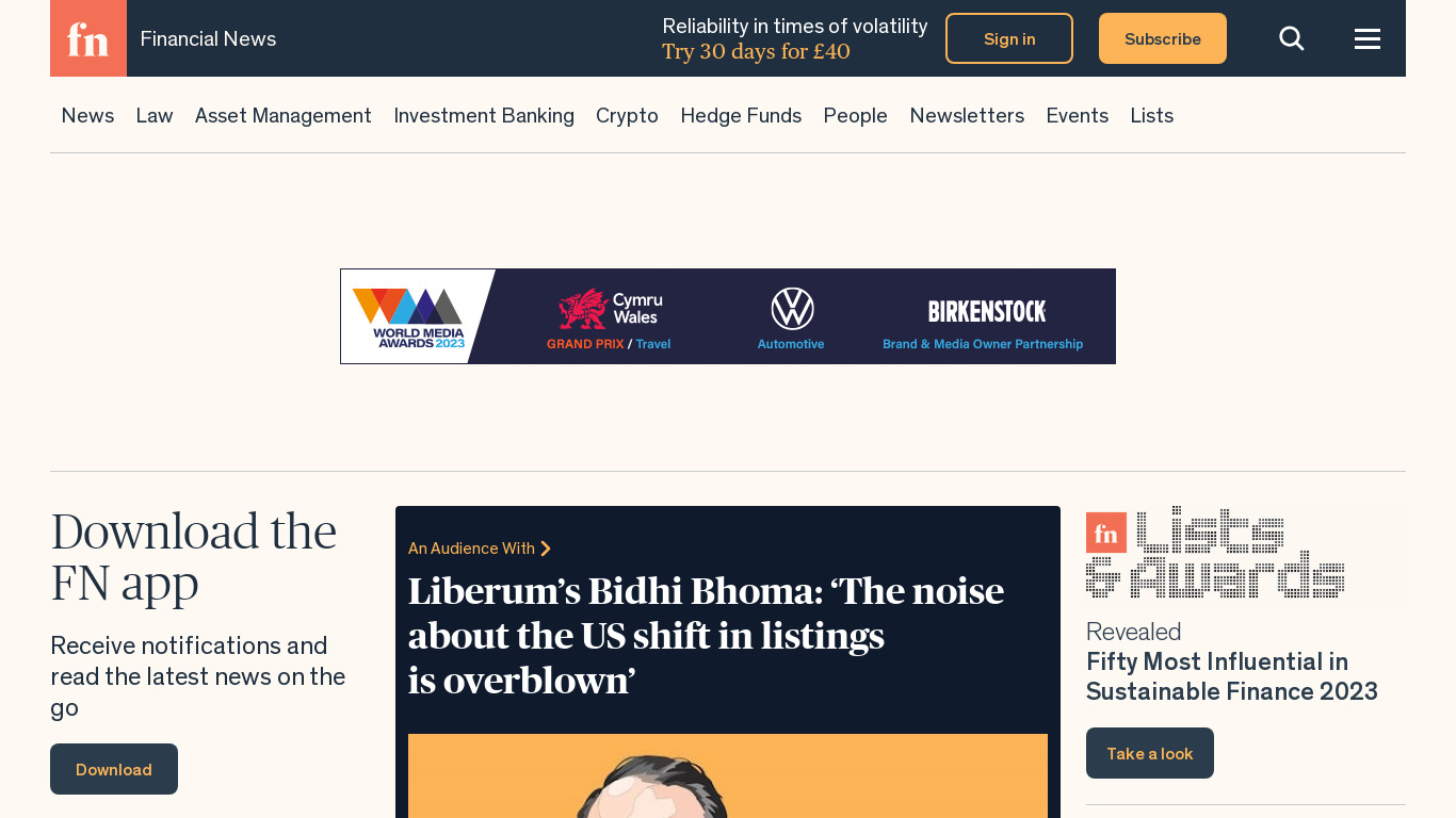 Financial News Landing page