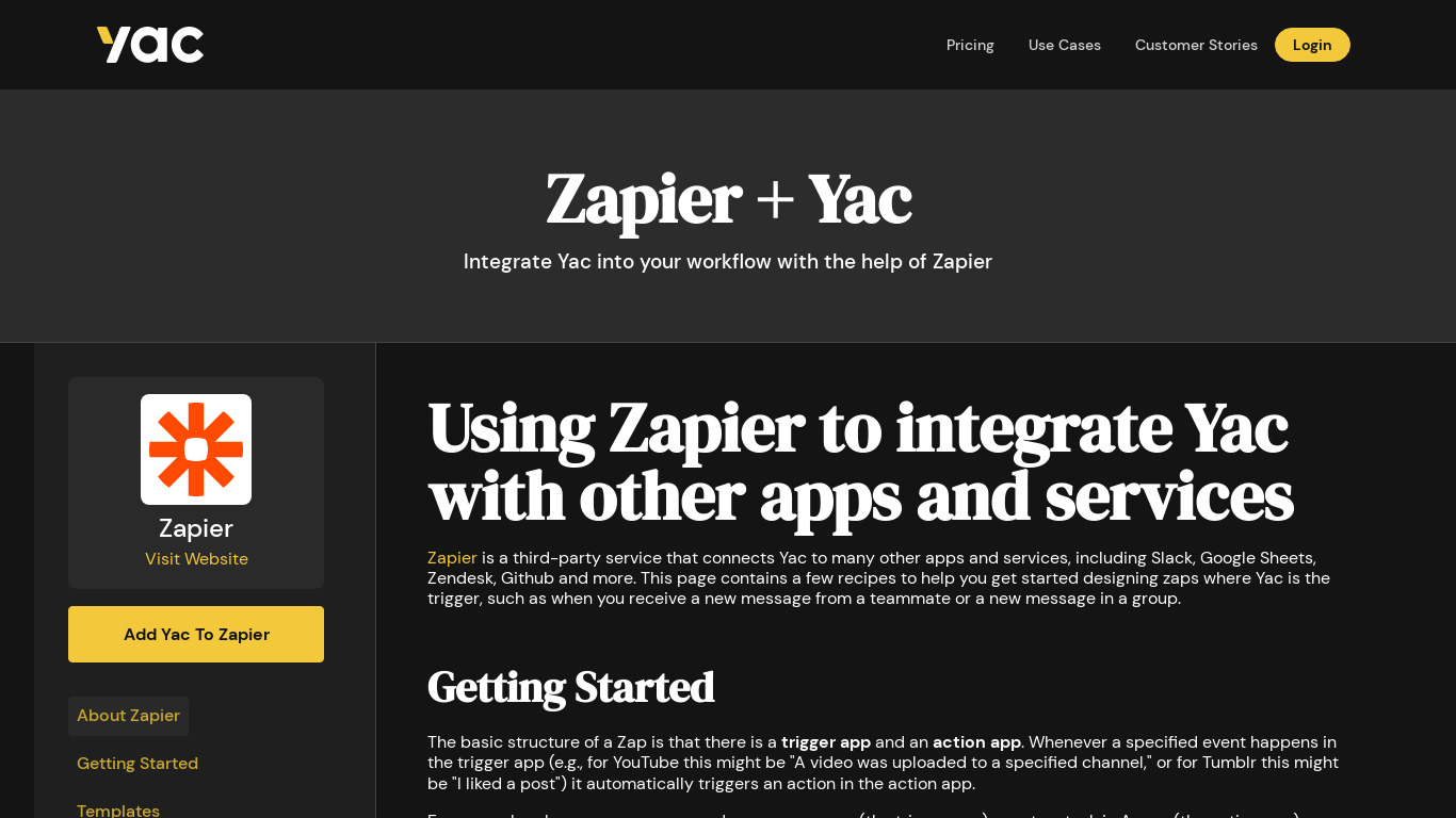 Zapier for Yac Landing page