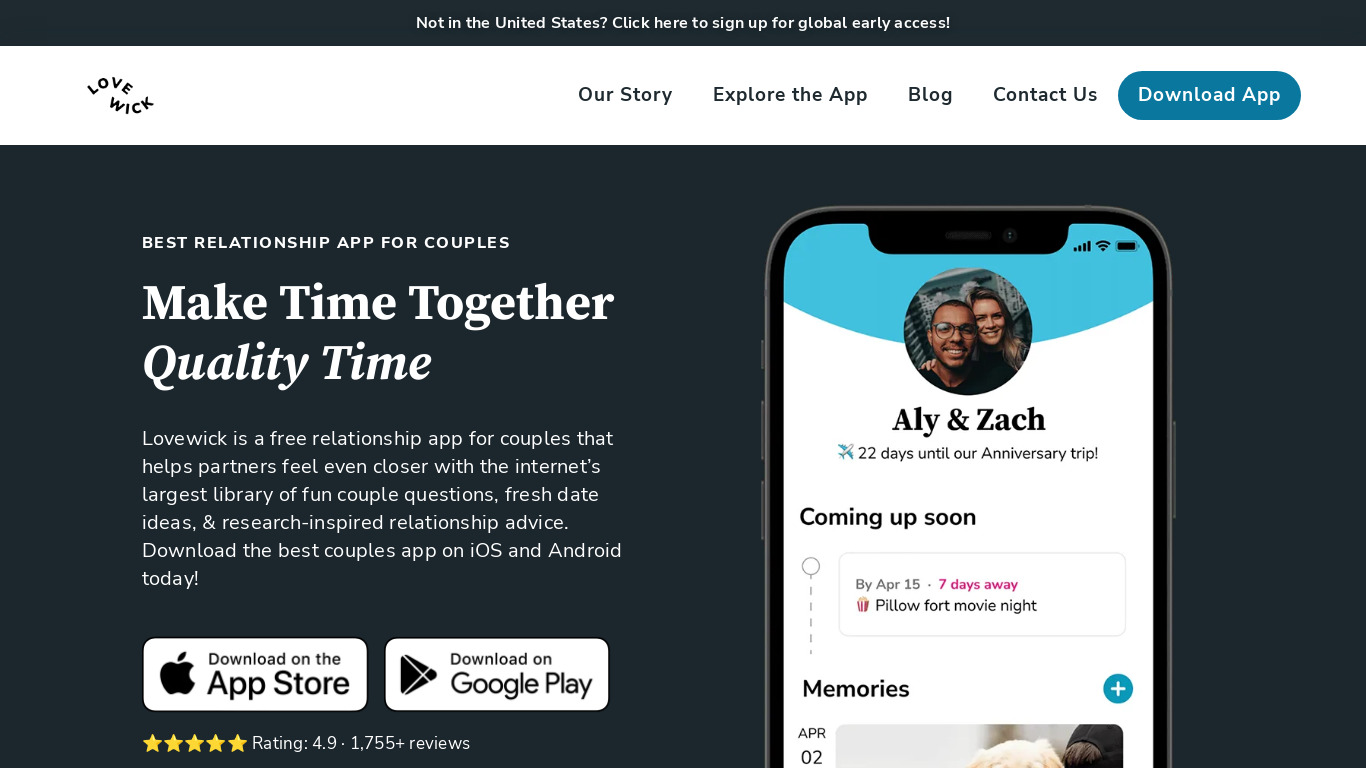 Lovewick - Couples App Landing page