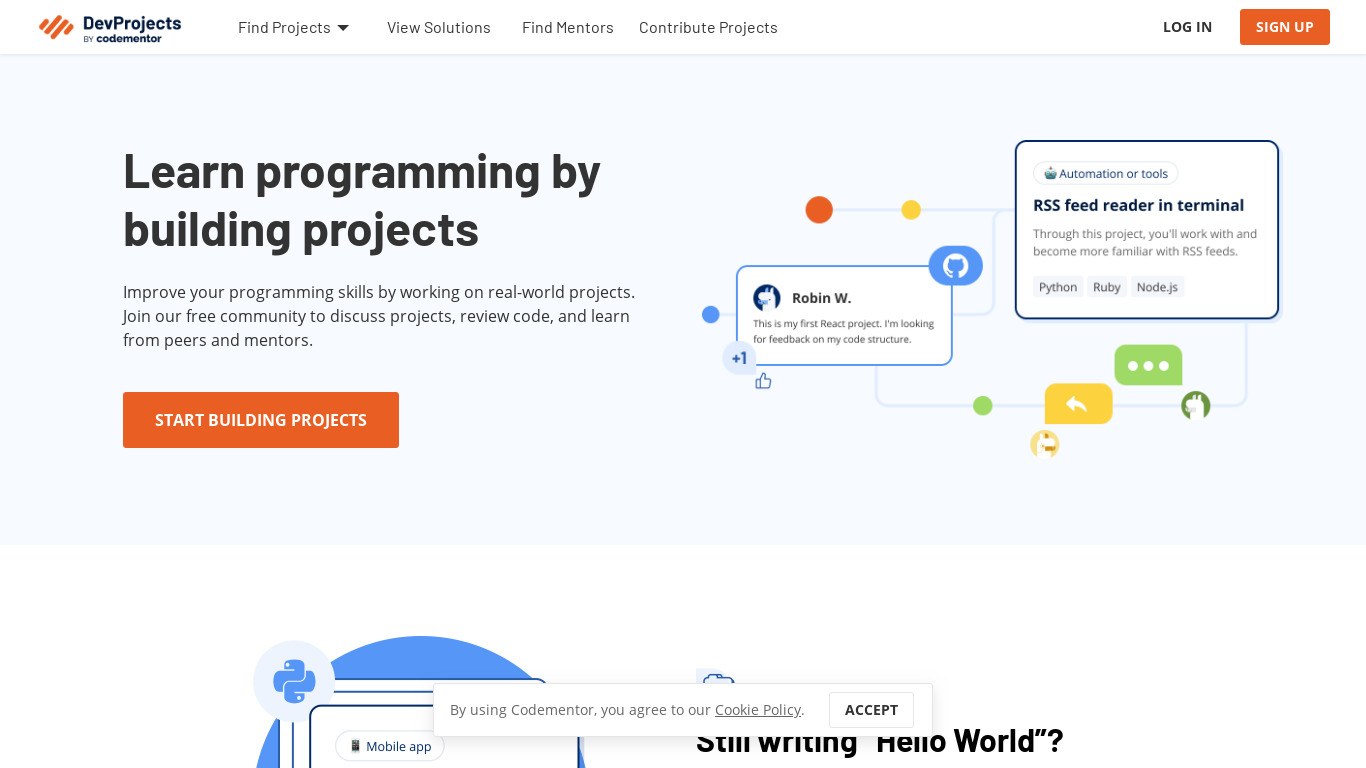 DevProjects by Codementor Landing page