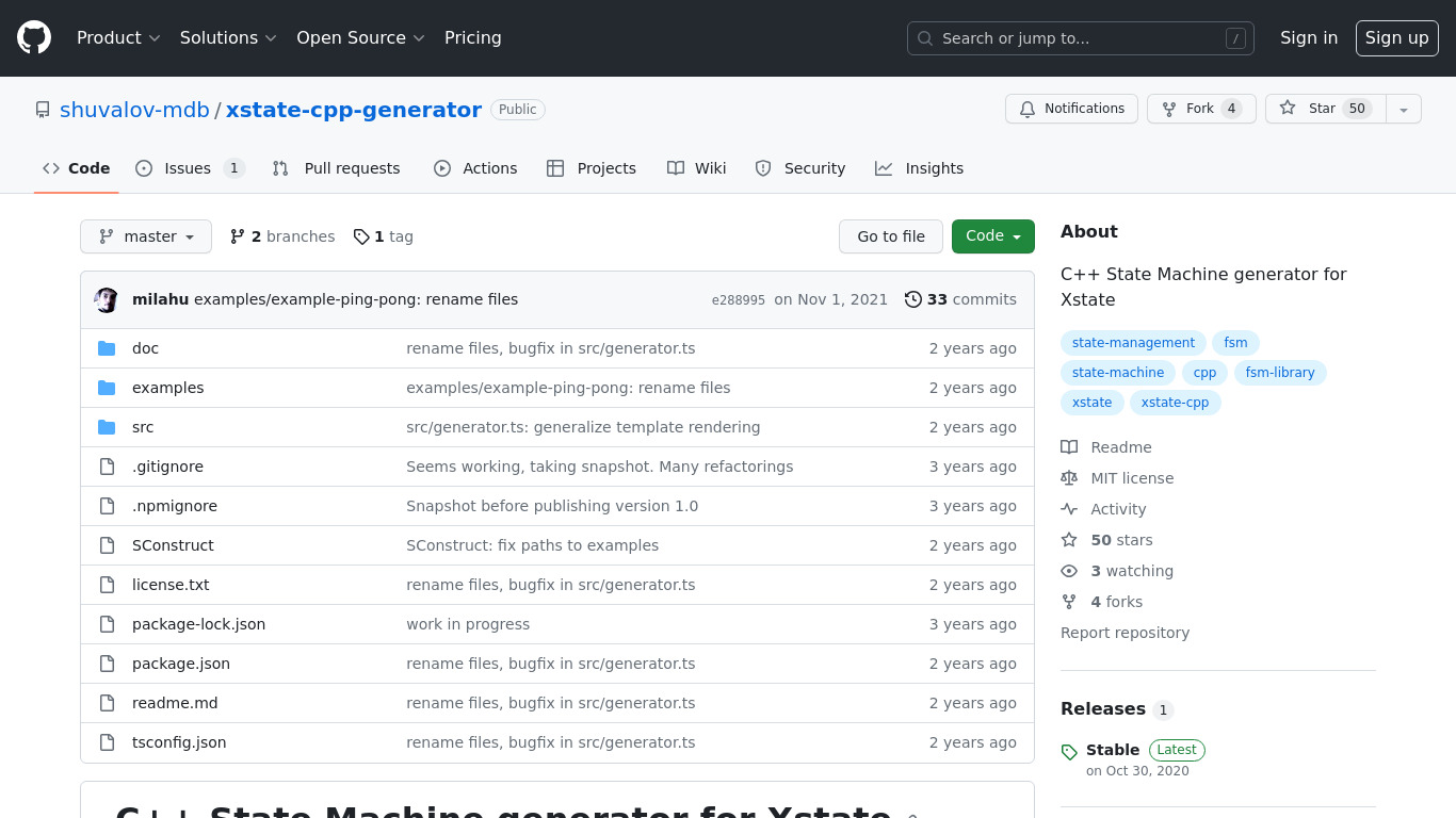 C++ Code Generator for Xstate Landing page