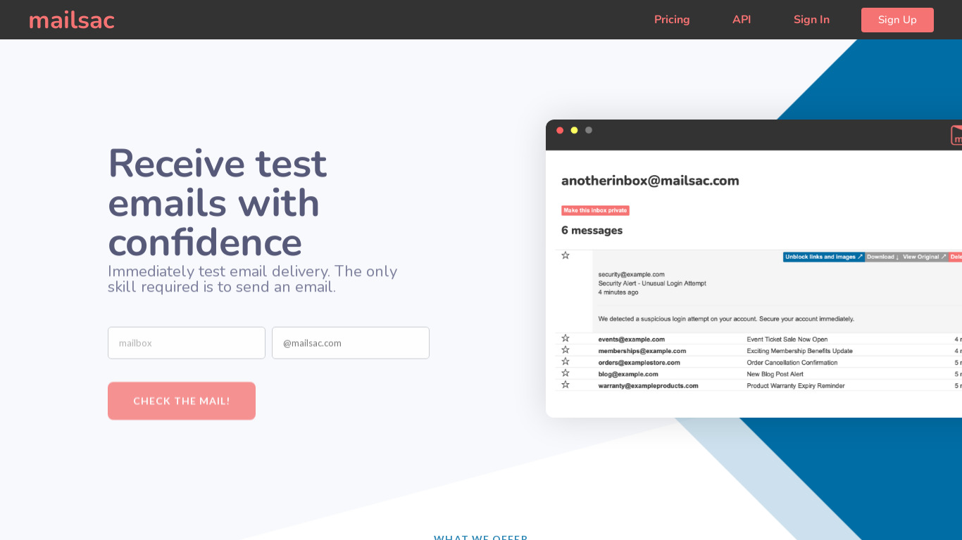Mailsac Landing page