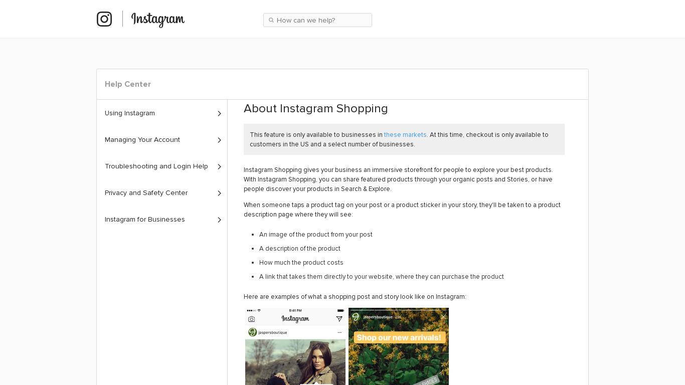 Shopping on Instagram Landing page