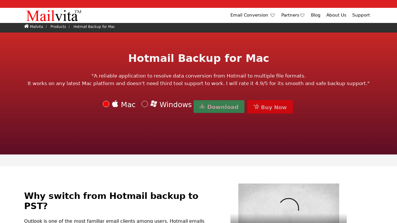 Mailvita Hotmail Backup Tool (Mac) Landing page