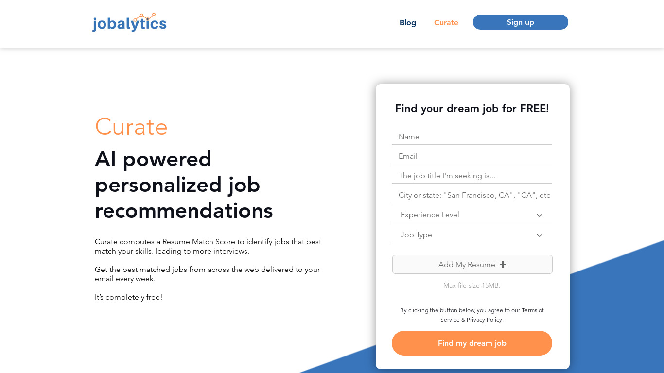 jobalytics.co Curate Job Recommendations Landing page