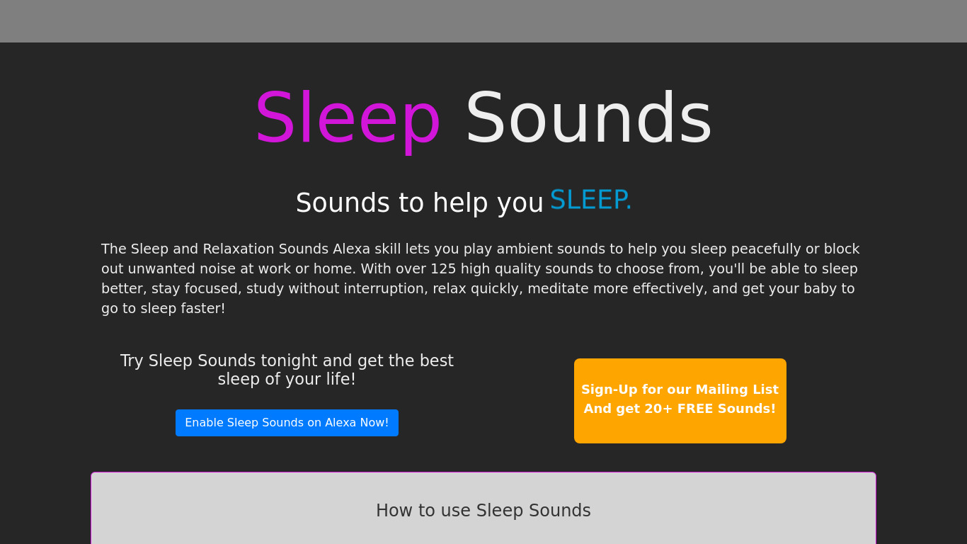Sleep Sounds for Amazon Alexa Landing page